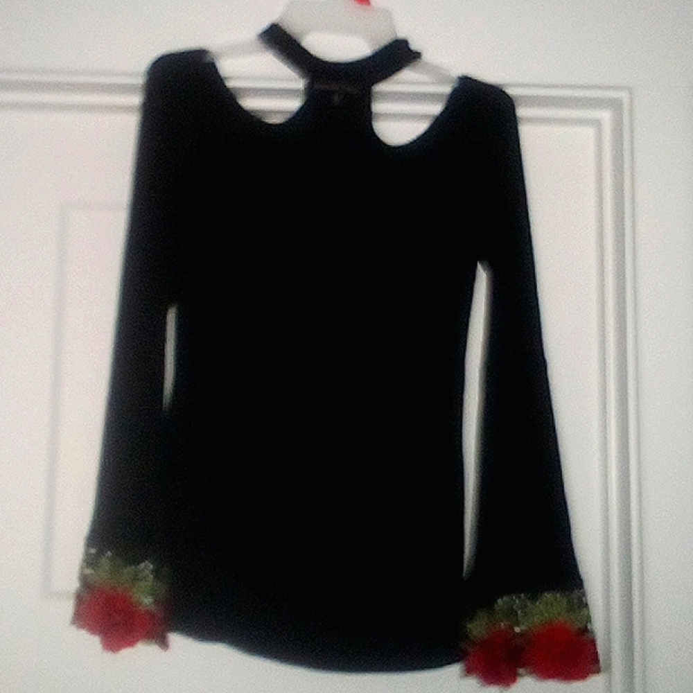 Black Choker Style Flower Sleeve Shirt